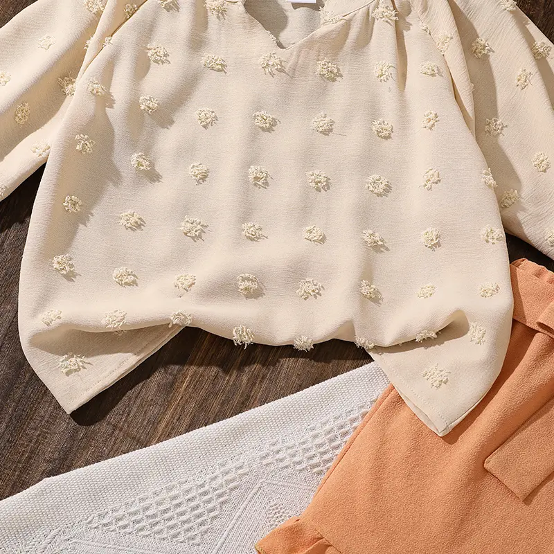 Kids Sets For Girls Dots V-neck Short Sleeve T-shirt & Belted Orange Color Shorts 2 Pcs Sets Cozy Kids Costume