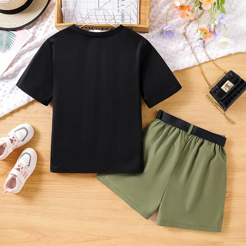 Kids Costume 8-12 Years Black Letter Printed Top Green Shorts Casual Kids Outfit Children Clothes Sporty Set