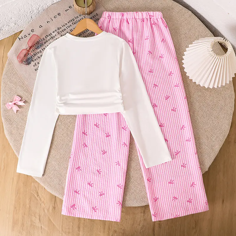 Spring And Autumn 2PCS Kids Clothing White O-Neck Long Sleeve Bow Top & Solid Color Pink Bow Wide Leg Pants For Girl 8-12 Years