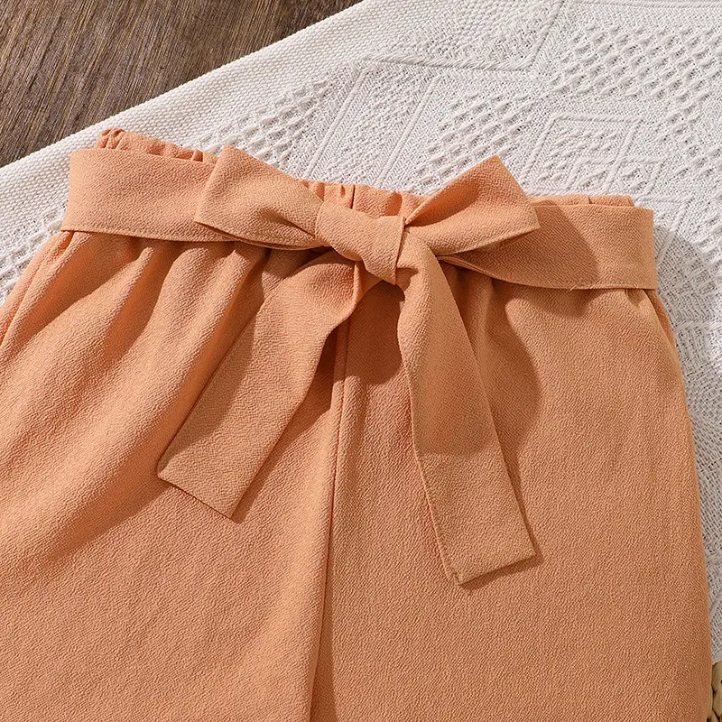 Kids Sets For Girls Dots V-neck Short Sleeve T-shirt & Belted Orange Color Shorts 2 Pcs Sets Cozy Kids Costume