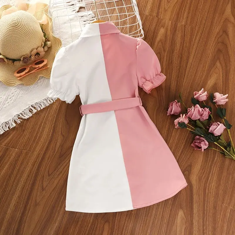 Shirt Dress for 4-7 Years Kids Pink and White Patchwork Short Sleeve Button-Down Dress Baby Girls Leisure Style Summer Clothes