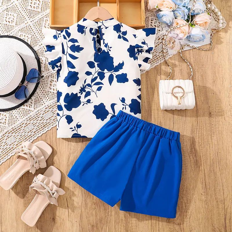 Children Clothing Sets Royal Blue Rose Printed Sleeveless T-shirt & Button-trim Skort Kids Outfit 2 PCS Summer Girls Sets OOTD