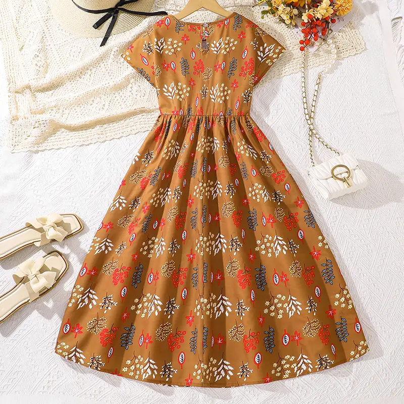 Children Summer Dress Brown Leaves Printed Short Sleeve Maxi Dress For Girls Daily Casual Clothes Long Dress 8-12Yrs Girls Dress