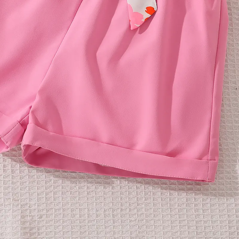 Girls Outfit Summer Flowers Square Collat Top & Pink Shorts Children Clothes Sets Kids Costume Sweet Style Children Costume