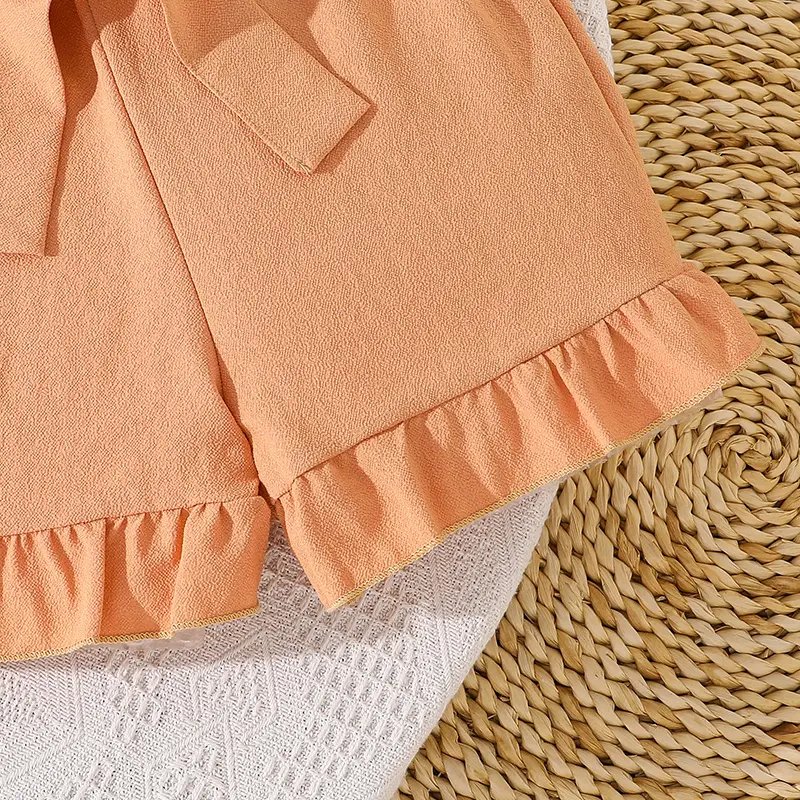 Kids Sets For Girls Dots V-neck Short Sleeve T-shirt & Belted Orange Color Shorts 2 Pcs Sets Cozy Kids Costume