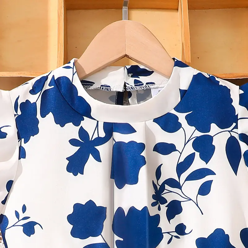Children Clothing Sets Royal Blue Rose Printed Sleeveless T-shirt & Button-trim Skort Kids Outfit 2 PCS Summer Girls Sets OOTD