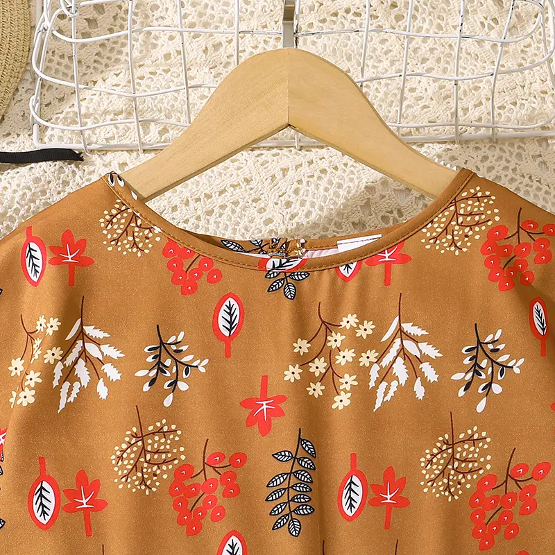 Children Summer Dress Brown Leaves Printed Short Sleeve Maxi Dress For Girls Daily Casual Clothes Long Dress 8-12Yrs Girls Dress