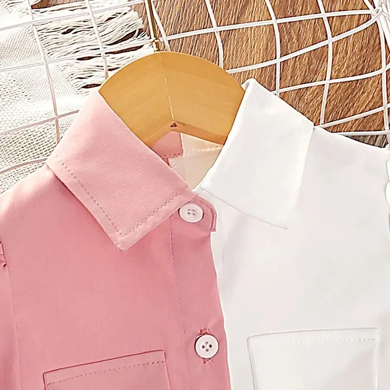 Shirt Dress for 4-7 Years Kids Pink and White Patchwork Short Sleeve Button-Down Dress Baby Girls Leisure Style Summer Clothes