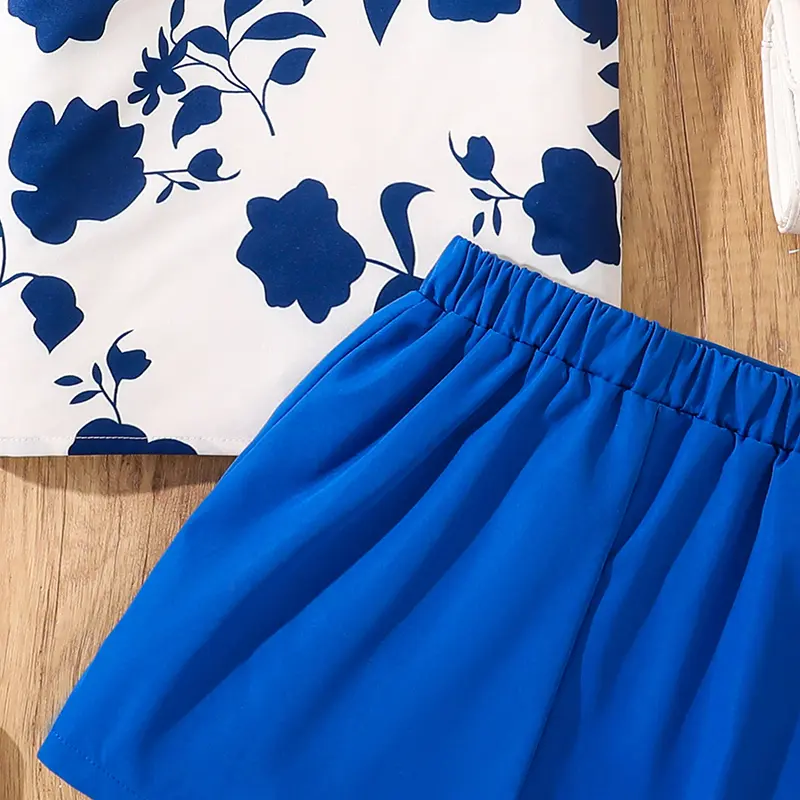 Children Clothing Sets Royal Blue Rose Printed Sleeveless T-shirt & Button-trim Skort Kids Outfit 2 PCS Summer Girls Sets OOTD