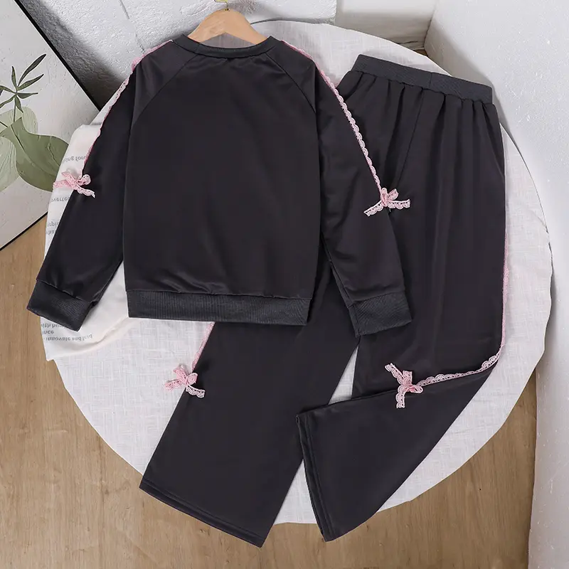 2025 Autumn New Hot Sale 2PCS Solid Color Gray Lace Bowknot O-Neck Long Sleeve Top & Elastic Waist Pants For Girls 8-12 Years
