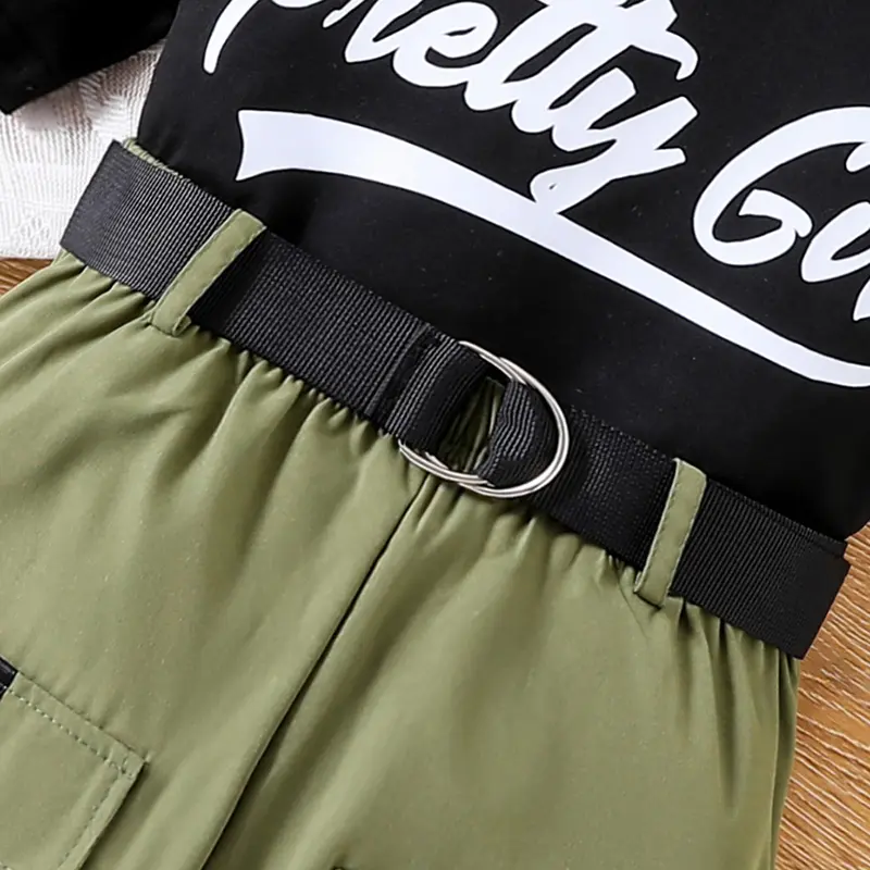 Kids Costume 8-12 Years Black Letter Printed Top Green Shorts Casual Kids Outfit Children Clothes Sporty Set