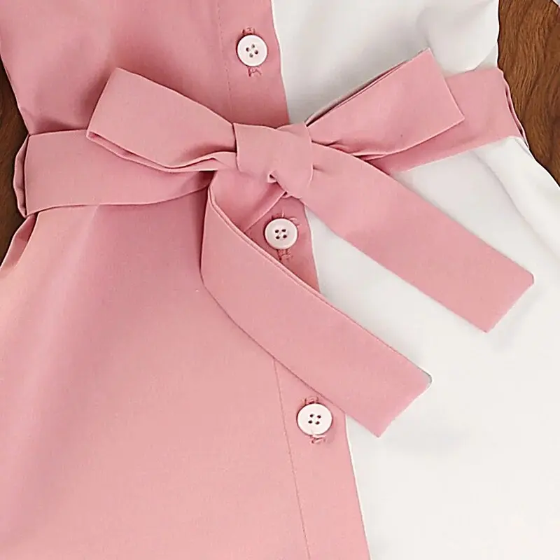 Shirt Dress for 4-7 Years Kids Pink and White Patchwork Short Sleeve Button-Down Dress Baby Girls Leisure Style Summer Clothes