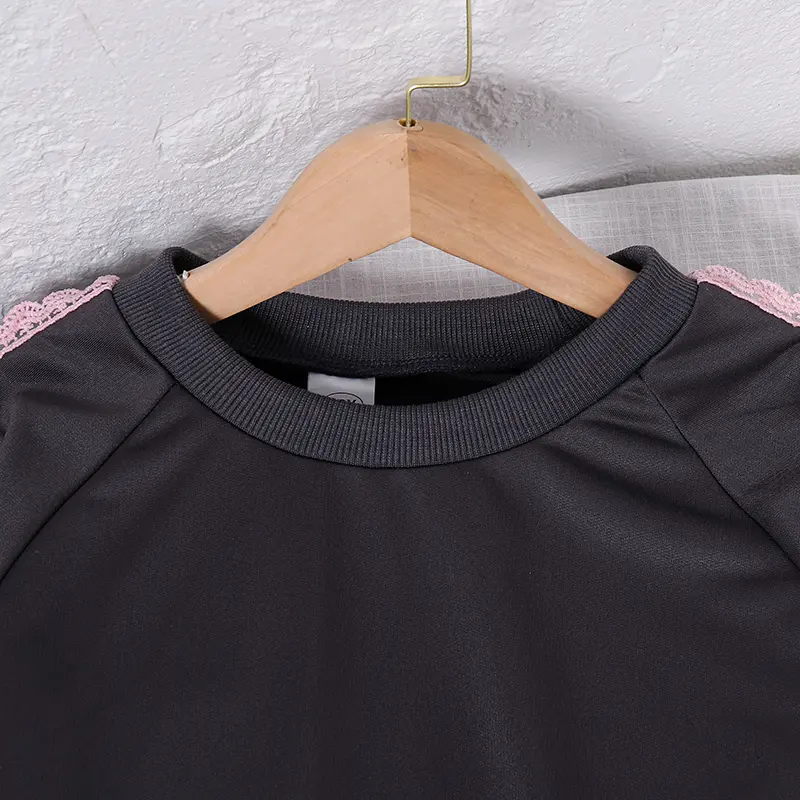 2025 Autumn New Hot Sale 2PCS Solid Color Gray Lace Bowknot O-Neck Long Sleeve Top & Elastic Waist Pants For Girls 8-12 Years