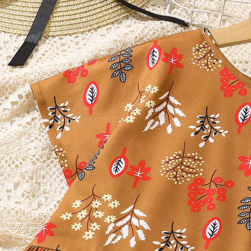 Children Summer Dress Brown Leaves Printed Short Sleeve Maxi Dress For Girls Daily Casual Clothes Long Dress 8-12Yrs Girls Dress