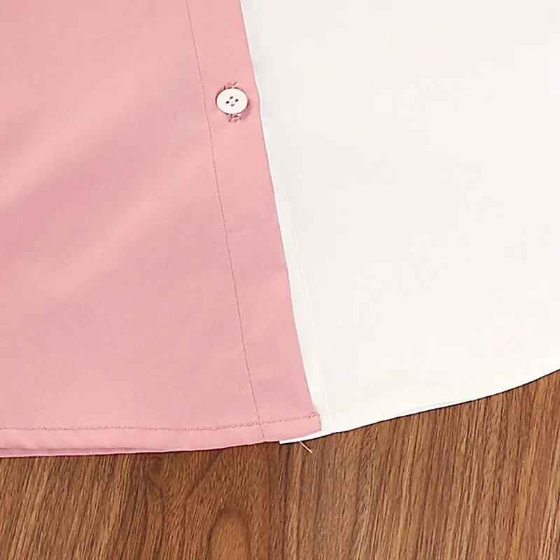 Shirt Dress for 4-7 Years Kids Pink and White Patchwork Short Sleeve Button-Down Dress Baby Girls Leisure Style Summer Clothes