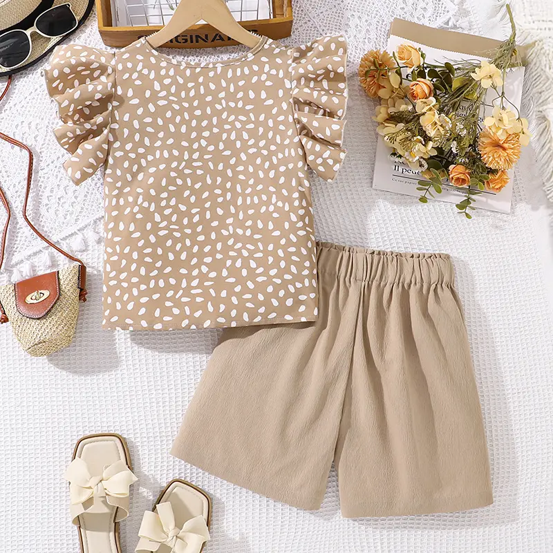 Girls Summer Solid Color Beige Polka Dot V-neck T-Shirt & Khaki Color Shorts Children Outfit Korean Style Baby Girls Clothing
