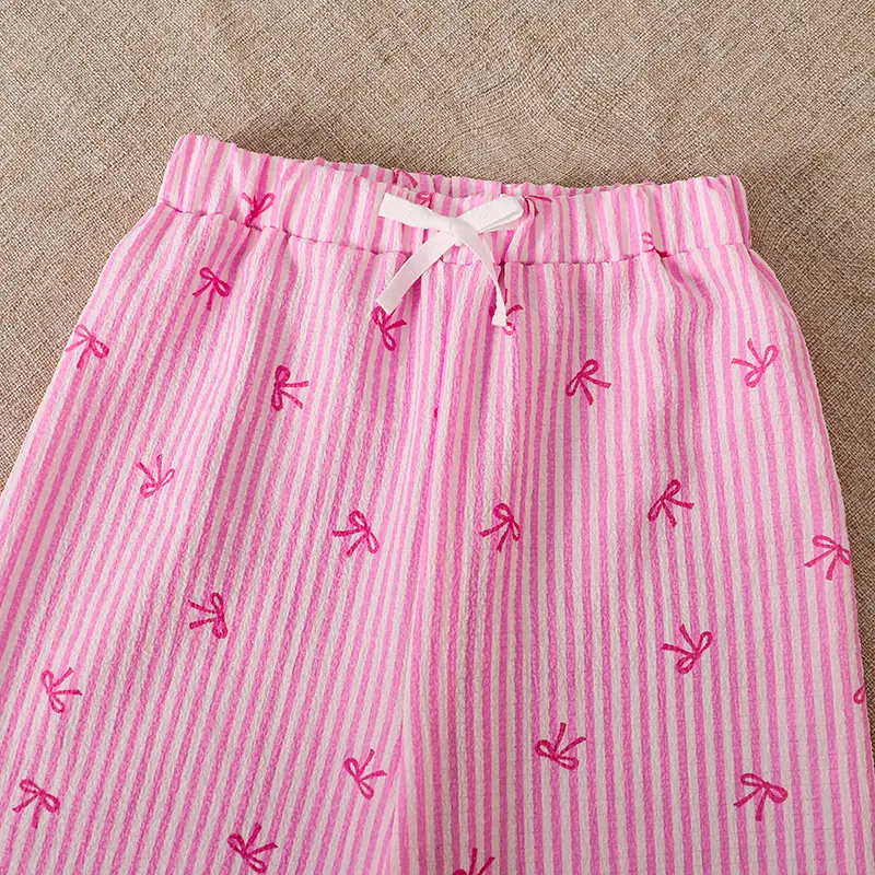 Spring And Autumn 2PCS Kids Clothing White O-Neck Long Sleeve Bow Top & Solid Color Pink Bow Wide Leg Pants For Girl 8-12 Years