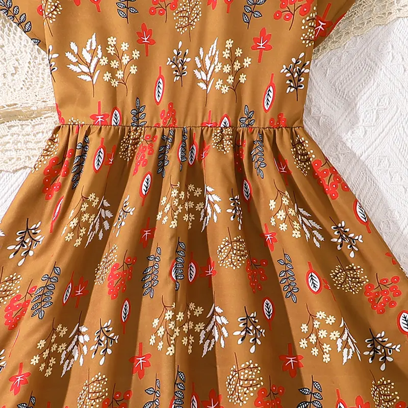 Children Summer Dress Brown Leaves Printed Short Sleeve Maxi Dress For Girls Daily Casual Clothes Long Dress 8-12Yrs Girls Dress