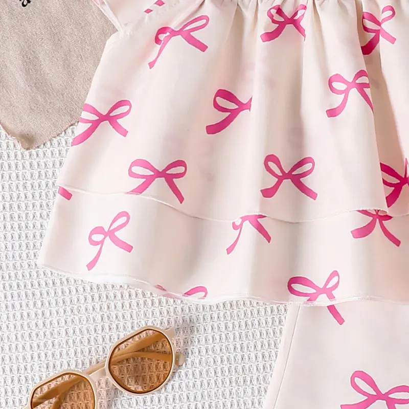 2025 New Summer Girls Outfit 2PCS Solid Color White Bow Square Collar Wing Sleeve Top & Wide Leg Pants For Girls Sweet Style