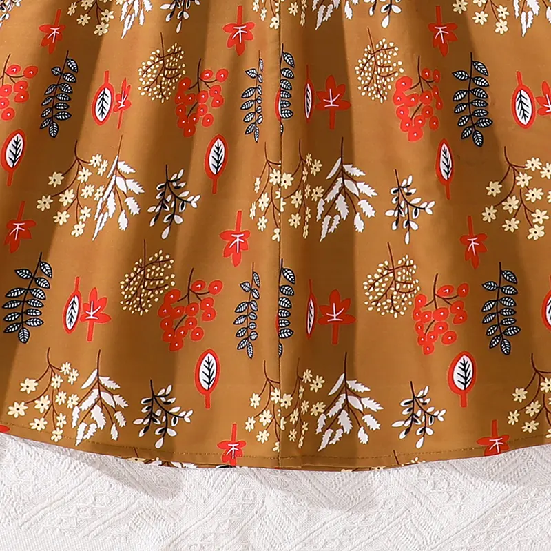 Children Summer Dress Brown Leaves Printed Short Sleeve Maxi Dress For Girls Daily Casual Clothes Long Dress 8-12Yrs Girls Dress