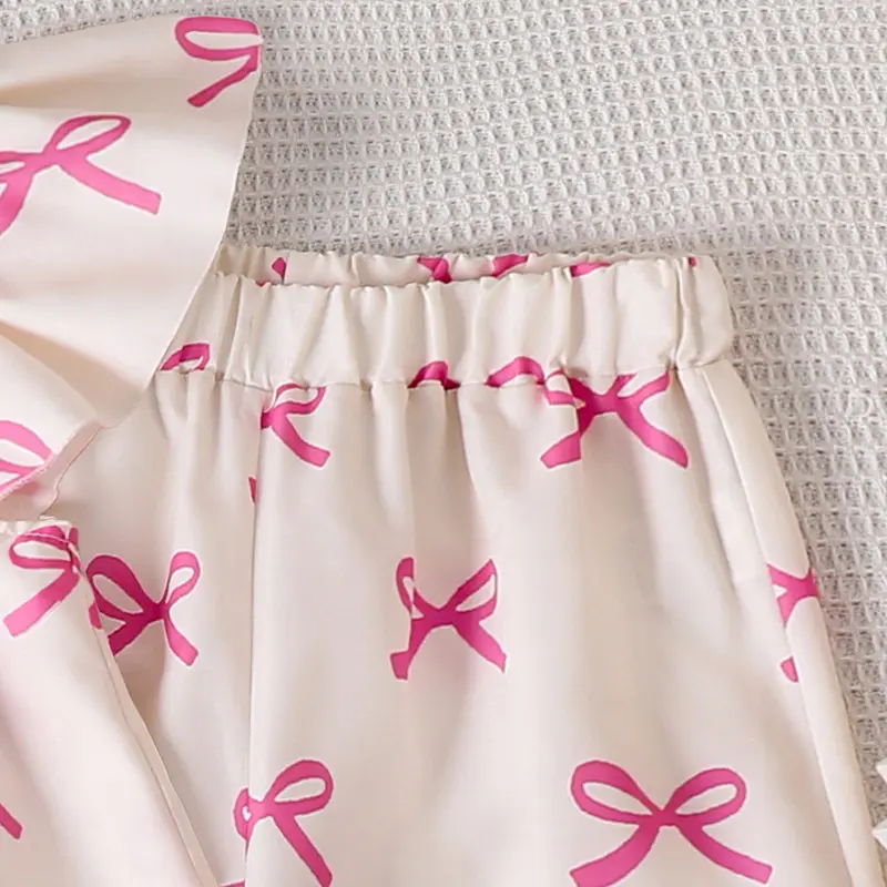2025 New Summer Girls Outfit 2PCS Solid Color White Bow Square Collar Wing Sleeve Top & Wide Leg Pants For Girls Sweet Style