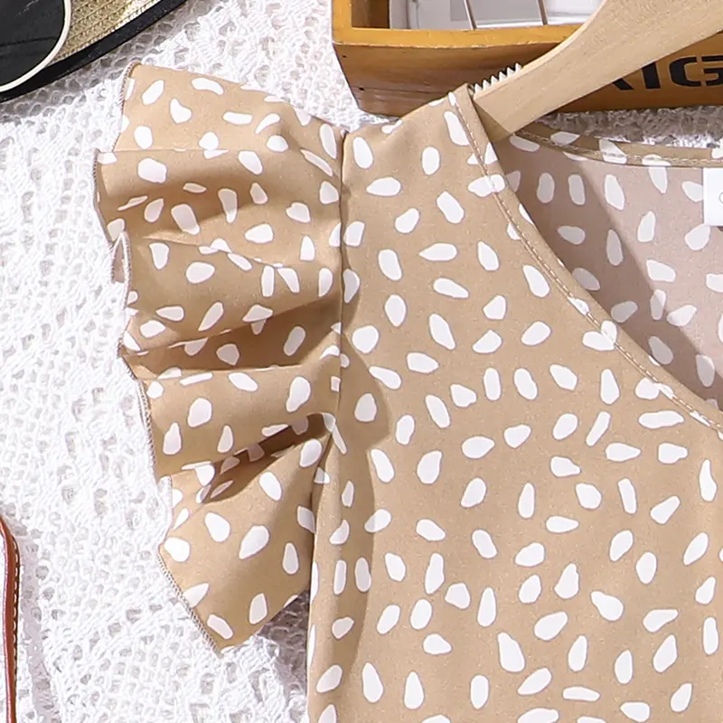 Girls Summer Solid Color Beige Polka Dot V-neck T-Shirt & Khaki Color Shorts Children Outfit Korean Style Baby Girls Clothing