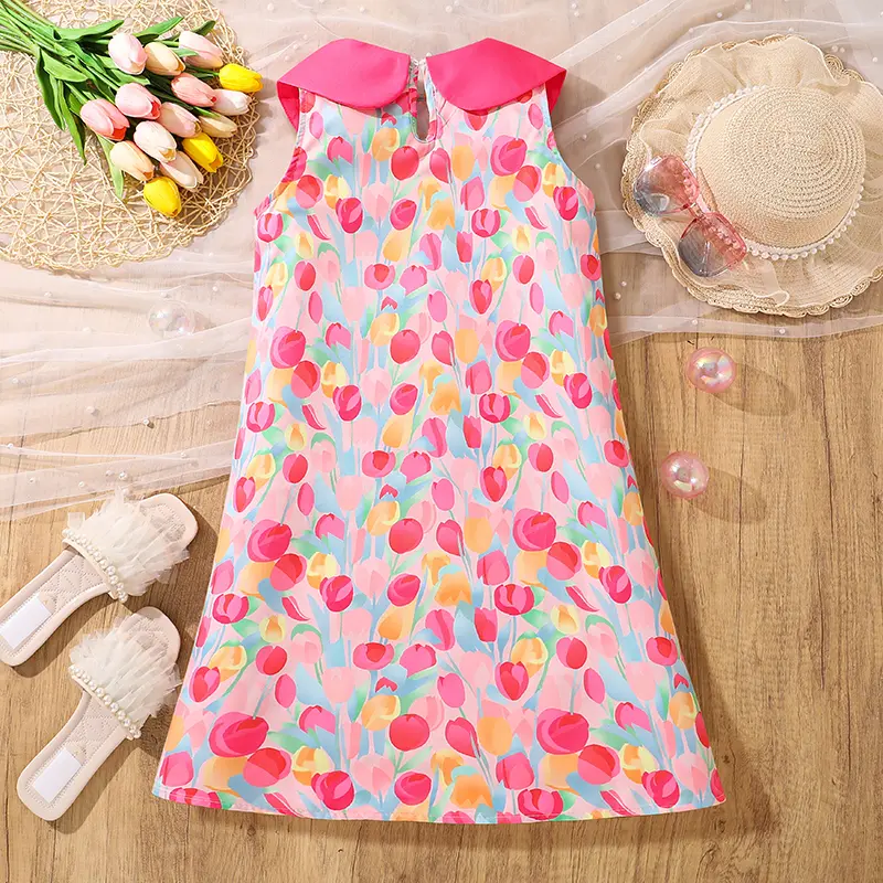 Dress Baby Girl Pink Printed Sleeveless Doll Collar Smock Dress 8-12 Years Preteen Girls Dress Adorable Kids Clothes Sweet Style