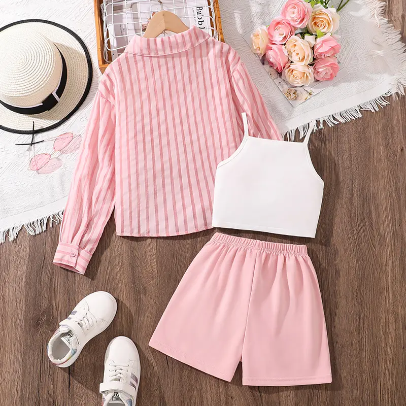 Kids Clothing Sets For Girls 8-12 Years 3PCS Pink Striped Outwear Heart printed Vest & Pink Shorts Sweet Style Girls Outfit