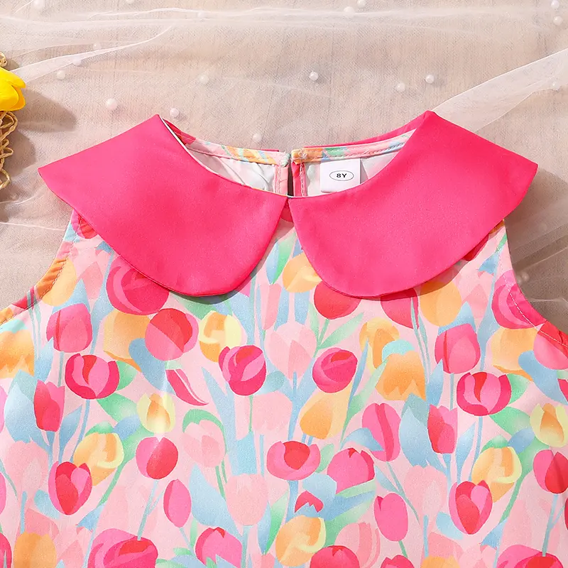Dress Baby Girl Pink Printed Sleeveless Doll Collar Smock Dress 8-12 Years Preteen Girls Dress Adorable Kids Clothes Sweet Style