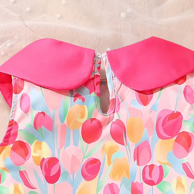Dress Baby Girl Pink Printed Sleeveless Doll Collar Smock Dress 8-12 Years Preteen Girls Dress Adorable Kids Clothes Sweet Style