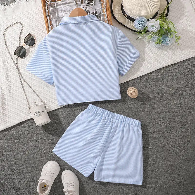 Children Outfit Light Blue Striped T-Shirt & Shorts 2 Pcs Classic Simple Style Korean Style Sets OOTD Kids Sets Girls Suits