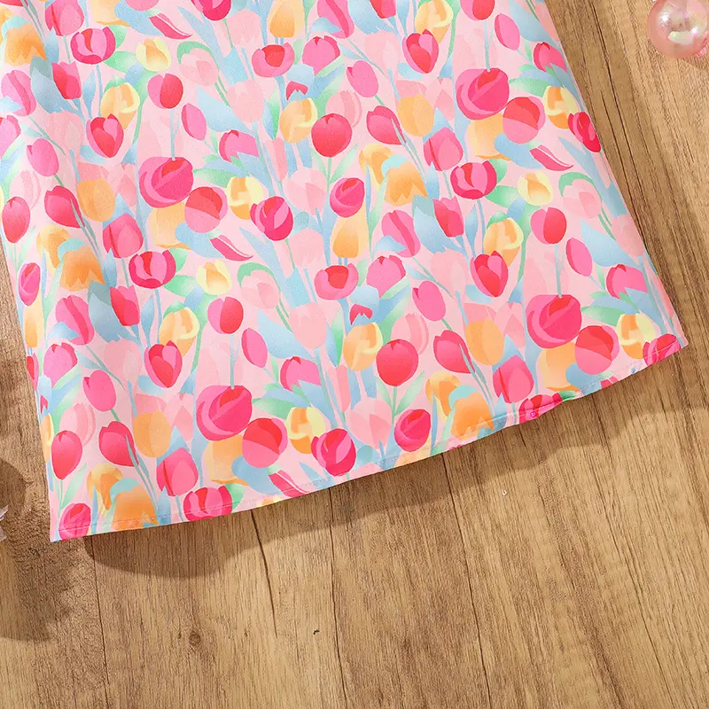 Dress Baby Girl Pink Printed Sleeveless Doll Collar Smock Dress 8-12 Years Preteen Girls Dress Adorable Kids Clothes Sweet Style