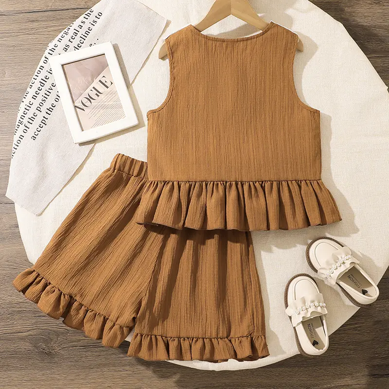 Adorable GirlS Sets Solid Color Lace Doll Collar Button-Down Tank Top & Frill-Hem Shorts Summer Casual Outfit For Children