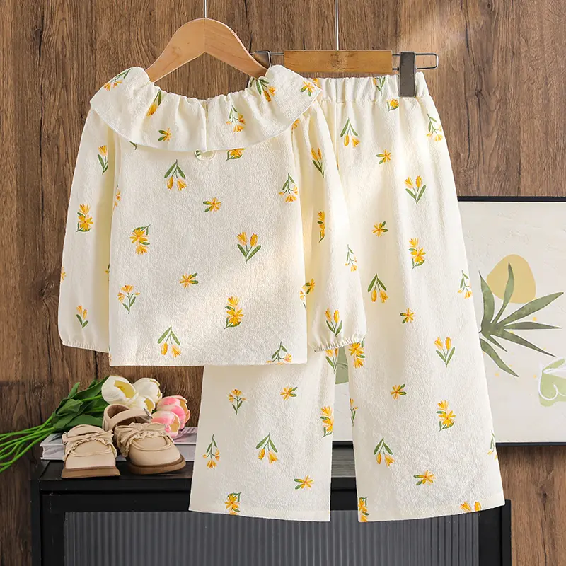 Kids Clothing 2025 Autumn Suit Yellow Print Doll Collar Long Sleeve Top & Wide Leg Pants For Girls 4-7 Years Sweet Style Outfit