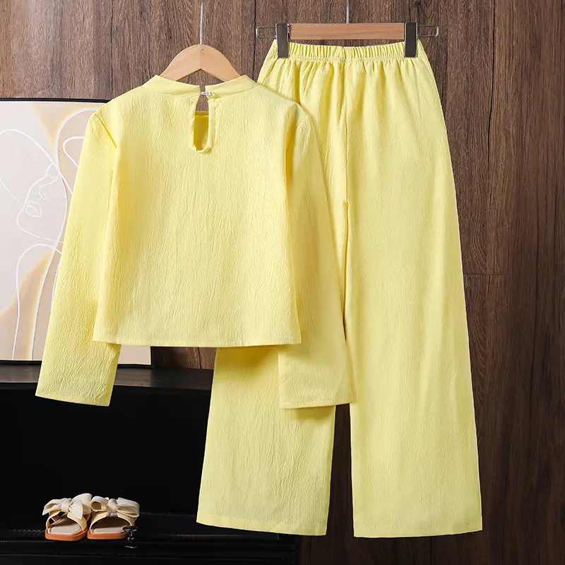 2025 Autumn 2OCS Girls Clothing Solid Color Yellow O-Neck Floral Print Long Sleeve Top & Wide Leg Pants For Girls Sweet Style