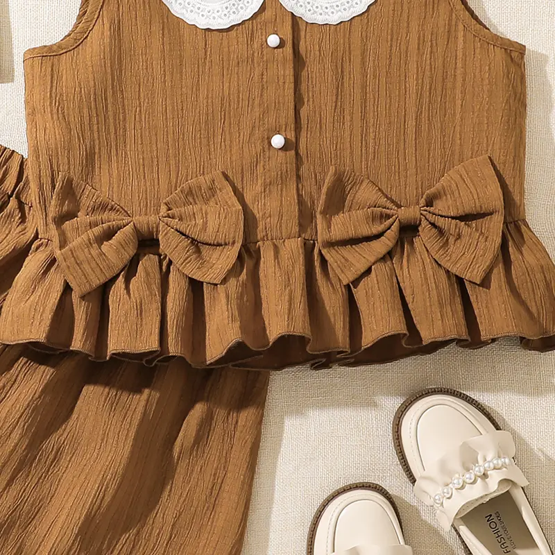 Adorable GirlS Sets Solid Color Lace Doll Collar Button-Down Tank Top & Frill-Hem Shorts Summer Casual Outfit For Children