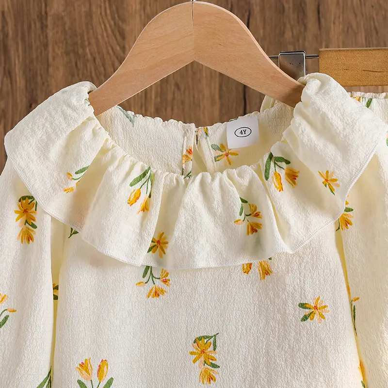 Kids Clothing 2025 Autumn Suit Yellow Print Doll Collar Long Sleeve Top & Wide Leg Pants For Girls 4-7 Years Sweet Style Outfit