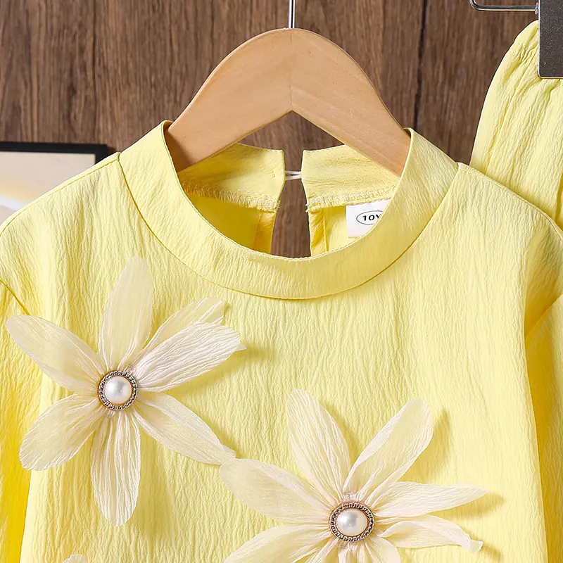 2025 Autumn 2OCS Girls Clothing Solid Color Yellow O-Neck Floral Print Long Sleeve Top & Wide Leg Pants For Girls Sweet Style