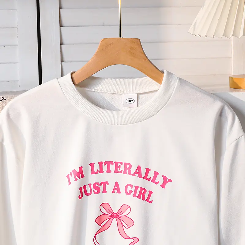 2025 Autumn New Kids Clothing 2PCS White O-Neck Bow Letter Long Sleeve Top & Solid Color Pink Bow Wide Leg Pants For Girls Set