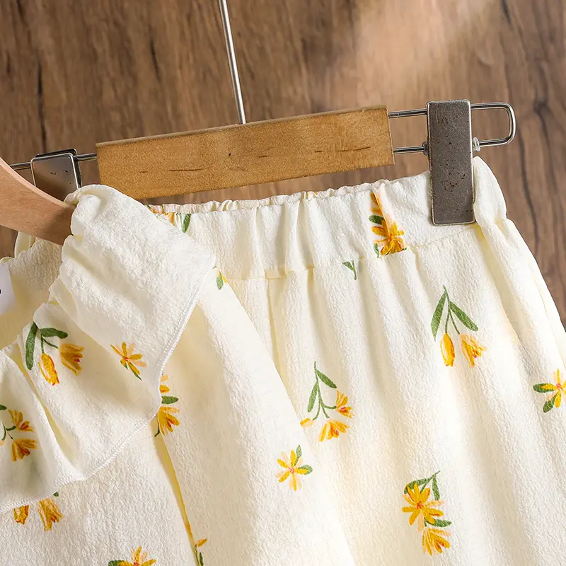 Kids Clothing 2025 Autumn Suit Yellow Print Doll Collar Long Sleeve Top & Wide Leg Pants For Girls 4-7 Years Sweet Style Outfit