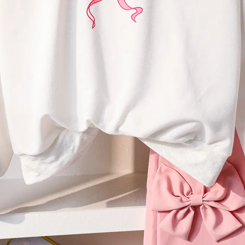 2025 Autumn New Kids Clothing 2PCS White O-Neck Bow Letter Long Sleeve Top & Solid Color Pink Bow Wide Leg Pants For Girls Set