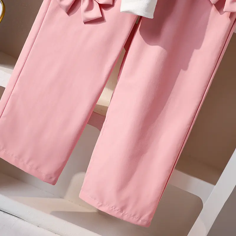 2025 Autumn New Kids Clothing 2PCS White O-Neck Bow Letter Long Sleeve Top & Solid Color Pink Bow Wide Leg Pants For Girls Set