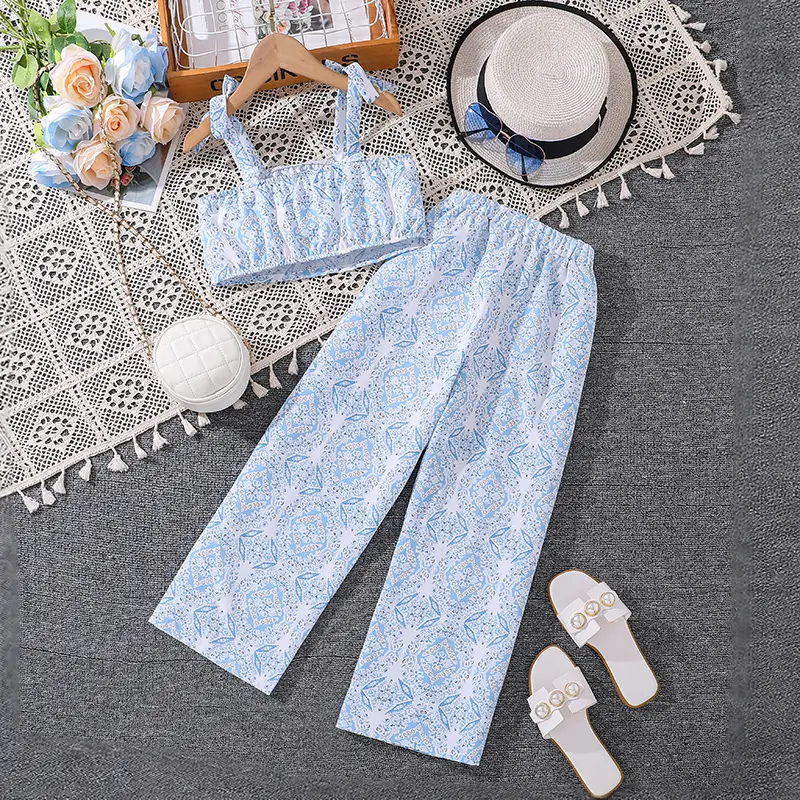 2024 Summer Girls Family Matching Clothes 8-12 Years Blue Print Vacation Party Suits Or Korean Style Sets Daily Casual Clothing