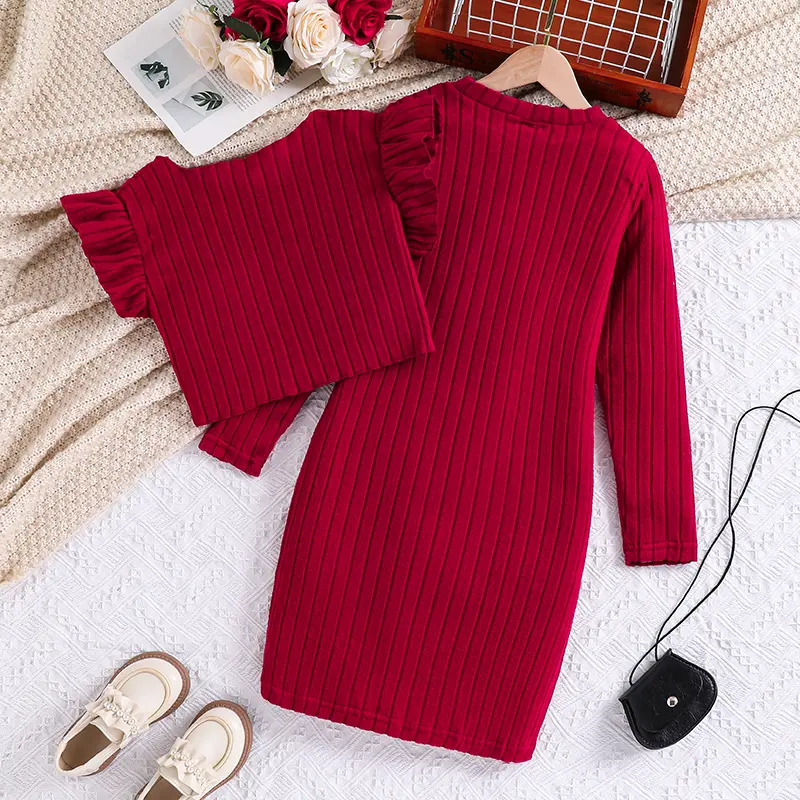 Autumn New Fashion 2PCS Solid Color Red V-Neck Wing-Sleeve VEST & Solid Color Red O-Neck Long Sleeve Knitted Dress For Girls