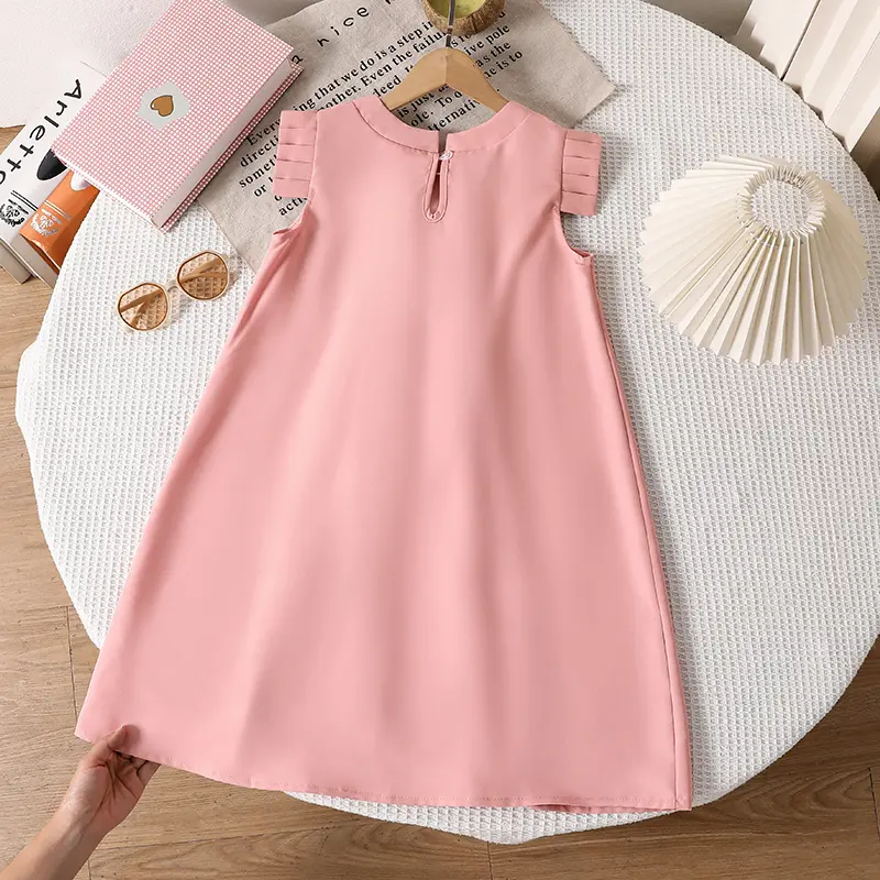 2025 Summer New Hot Sale Kids Set Solid Color Pink O-Neck Ruffled Bow A-Line Dress For Girls 8-12 Years Sweet Style Princess Set