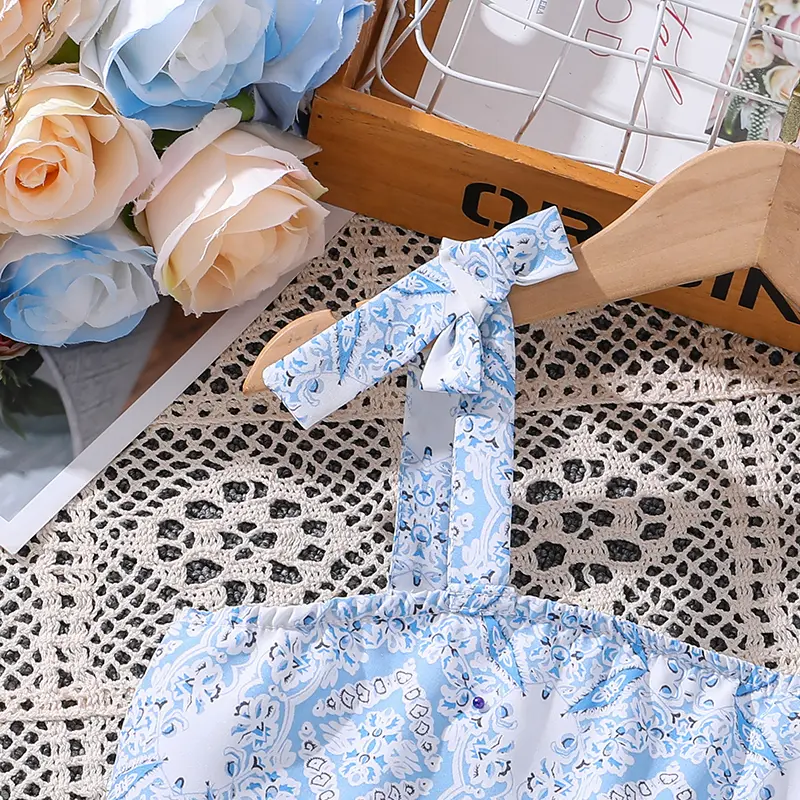 2024 Summer Girls Family Matching Clothes 8-12 Years Blue Print Vacation Party Suits Or Korean Style Sets Daily Casual Clothing