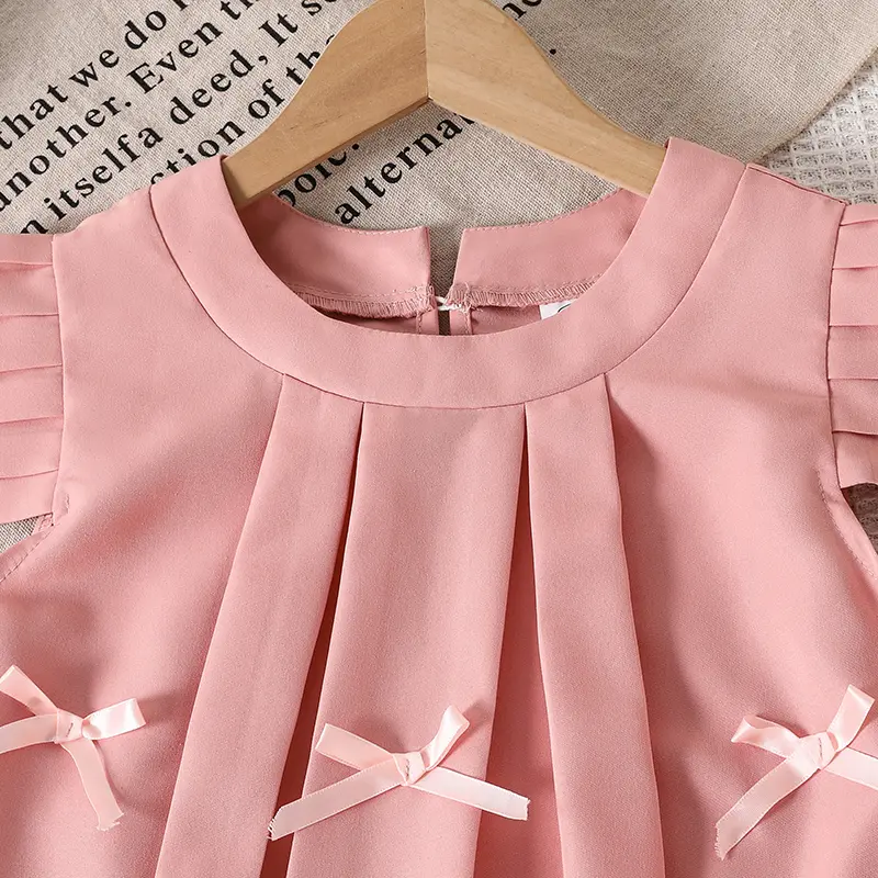 2025 Summer New Hot Sale Kids Set Solid Color Pink O-Neck Ruffled Bow A-Line Dress For Girls 8-12 Years Sweet Style Princess Set