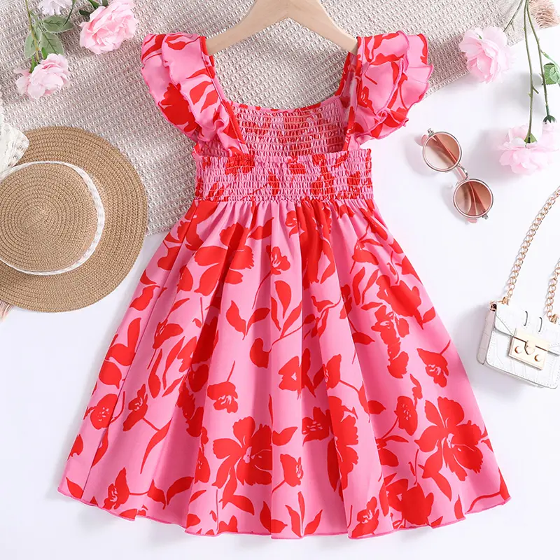 Girl Dress Summer New Fashion For 4-7Ys Kids Outfit Sweet Retro Print Floral Rose Cute Style Holiday Vacation Party Casual Dress