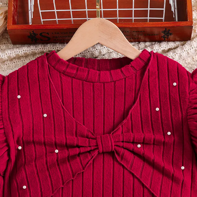 Autumn New Fashion 2PCS Solid Color Red V-Neck Wing-Sleeve VEST & Solid Color Red O-Neck Long Sleeve Knitted Dress For Girls