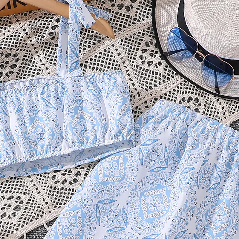 2024 Summer Girls Family Matching Clothes 8-12 Years Blue Print Vacation Party Suits Or Korean Style Sets Daily Casual Clothing